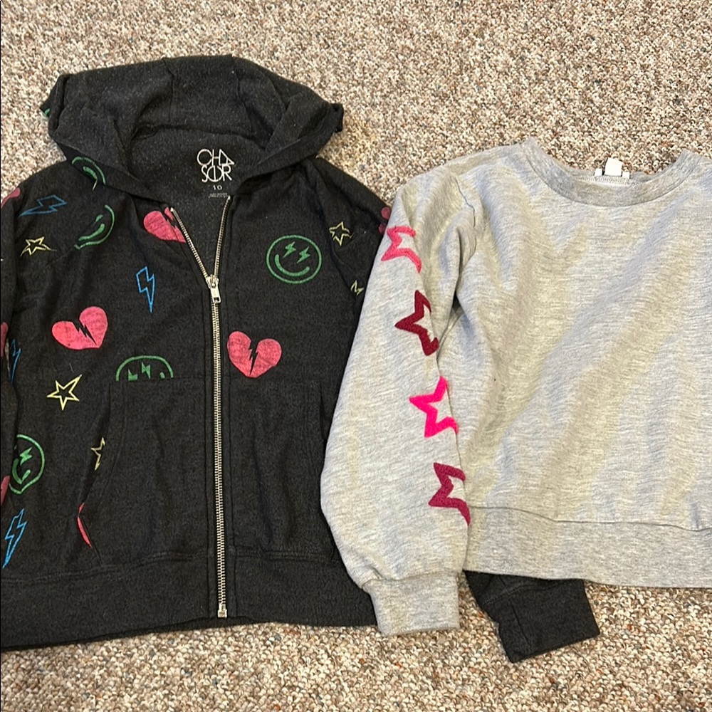 Chaser Black Zip Hoodie with Neon Hearts & Icons and Splendid grey crew w/ stars